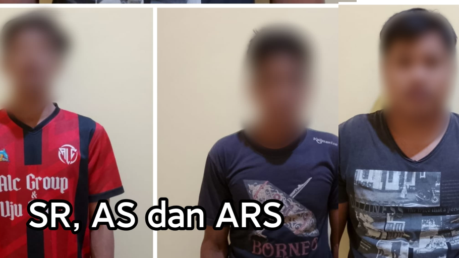 Tiga tersangka kasus PETI yang diamankan Polres Melawi dengan wajah diblur saat proses pemeriksaan. (Dok. Polres Melawi)