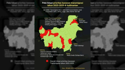 Peta lokasi prioritas kawasan transmigrasi tahun 2025-2029 di kalimantan. (Dok. Ist)