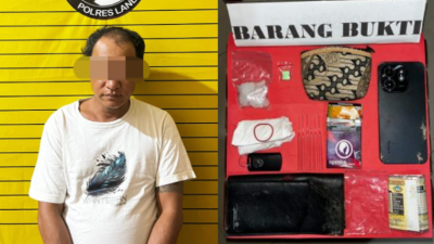 Pelaku IN (kiri) saat diamankan oleh petugas, barang bukti berupa sabu, ekstasi, alat hisap, serta timbangan digital yang berhasil disita Satresnarkoba Polres Landak (Kanan). Dok. Istimewa