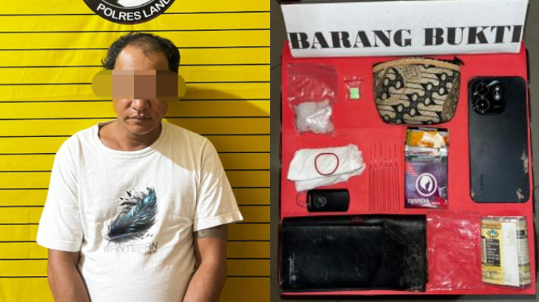 Pelaku IN (kiri) saat diamankan oleh petugas, barang bukti berupa sabu, ekstasi, alat hisap, serta timbangan digital yang berhasil disita Satresnarkoba Polres Landak (Kanan). Dok. Istimewa