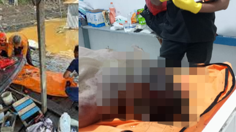 Proses evakuasi jasad pria tanpa identitas dari Sungai Kapuas oleh tim gabungan (kiri), dan proses identifikasi awal oleh petugas forensik di RSUD M. Th Djaman (kanan), Rabu (9/7/2025). (Dok. Ist)