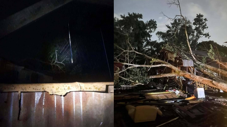 Pohon besar tumbang di Poros Ambawang, Kabupaten Kubu Raya, merusak rumah warga dan kabel listrik akibat hujan deras dan angin kencang pada Sabtu malam (12/7/2025). (Dok. Ist)