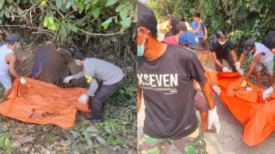 Evakuasi jenazah Yosep Suhada oleh petugas kepolisian dan warga dari lokasi penemuan di tepi jalan Poros Bika - Putussibau, Jumat (25/7/2025). (Dok. Ist)
