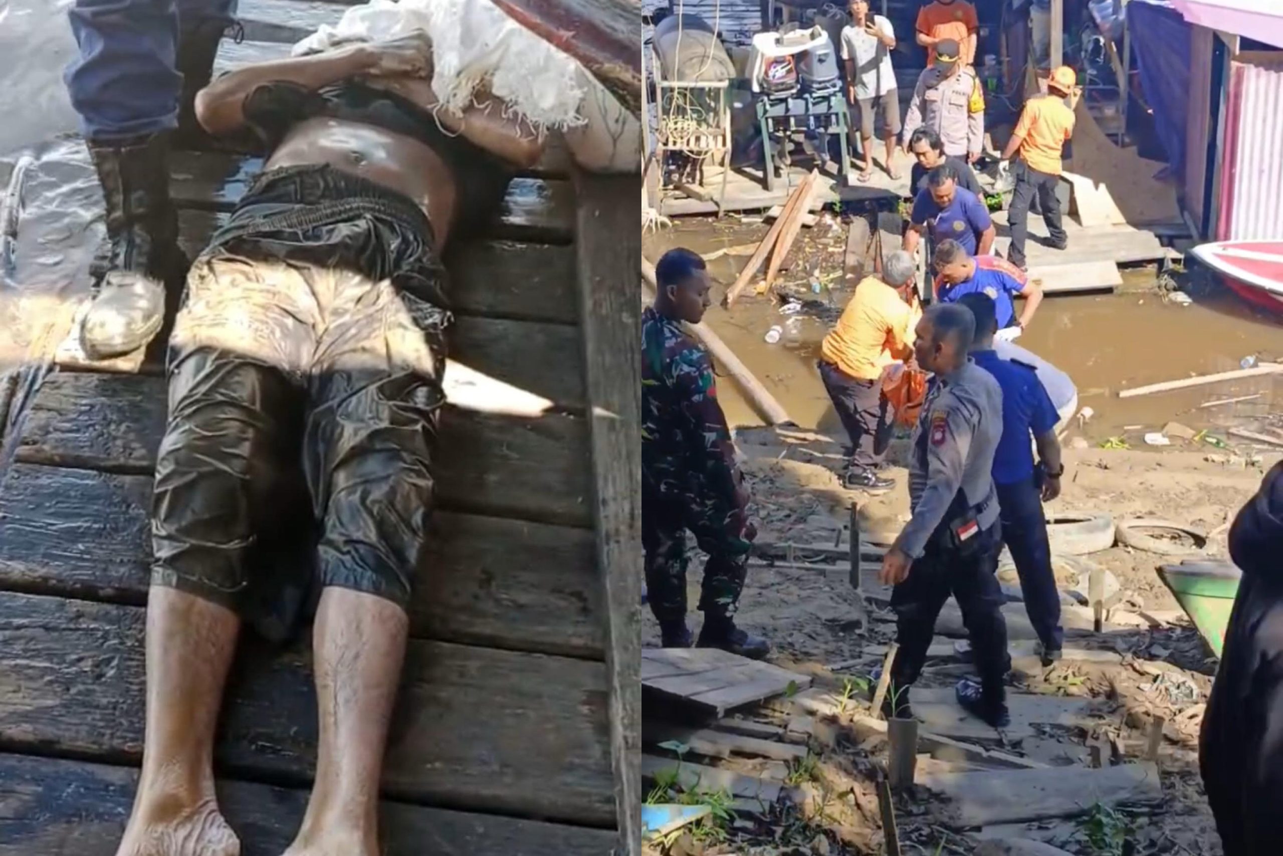 "Petugas gabungan Damkar Sanggau, TNI, BPBD, dan Polri sedang mengevakuasi mayat pria yang tersangkut di lanting Sungai Kapuas"
