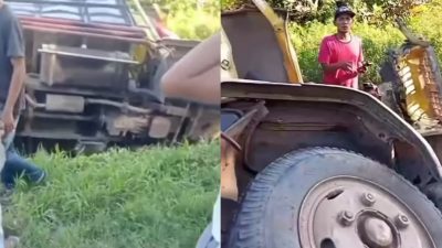 "Kondisi kabin truk pengangkut pupuk yang hancur parah setelah tabrakan di depan SPBU Wajok Hilir, Mempawah"
