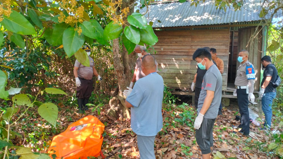 Petugas kepolisian mengevakuasi jenazah pria berinisial D (38) yang ditemukan gantung diri di pohon kawasan semak Dusun Sutera, Sambas. (Dok. Polres Sambas)