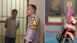 Petugas Polsek Pontianak Selatan mengamankan pelaku pencurian mangga dan barang bukti berupa galah serta sepeda motor. (Dok. Polsek Pontianak Selatan)
