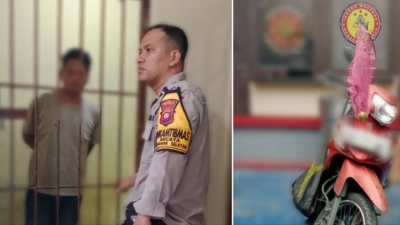 Petugas Polsek Pontianak Selatan mengamankan pelaku pencurian mangga dan barang bukti berupa galah serta sepeda motor. (Dok. Polsek Pontianak Selatan)