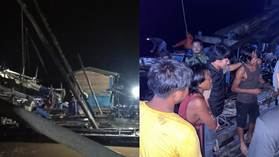 Empat pekerja tambang emas ilegal ditangkap bersama alat penyedot emas di tepian Sungai Kapuas, Sanggau. (Dok. HO/Faktakalbar.id)