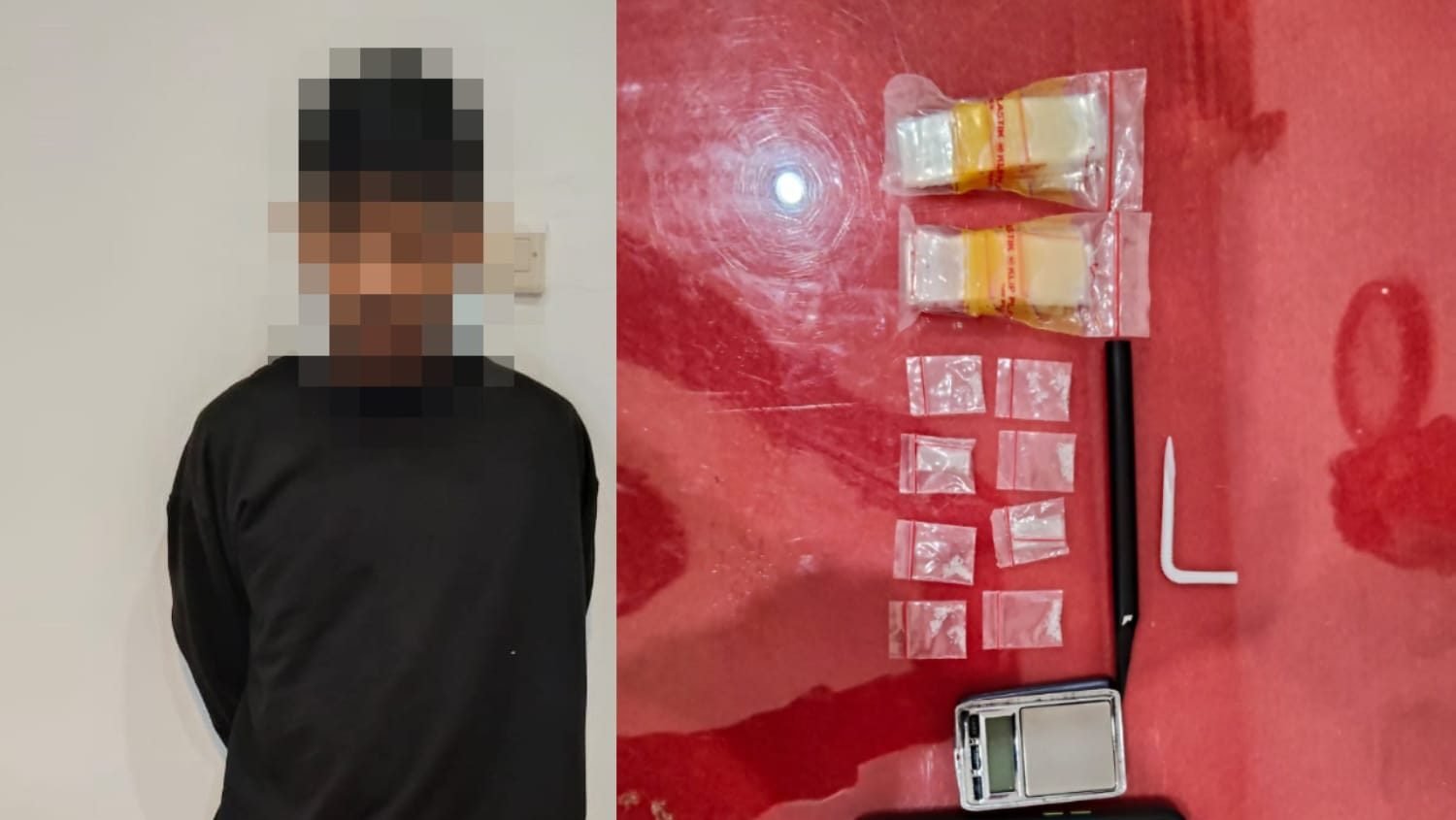 Tersangka dan sejumlah barang bukti narkotika jenis sabu seberat 1,74 gram beserta timbangan digital dan barang bukti lainnya hasil pengungkapan kasus di Kecamatan Benua Kayong. Foto: HO/Faktakalbar.id