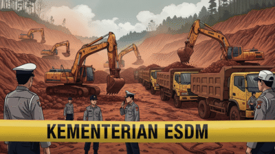 Ilustrasi - Penindakan pertambangan bauksit ilegal di Cibinong oleh Kementerian ESDM, dengan alat berat yang beroperasi dan pita batas polisi yang membentang di sekitar lokasi.