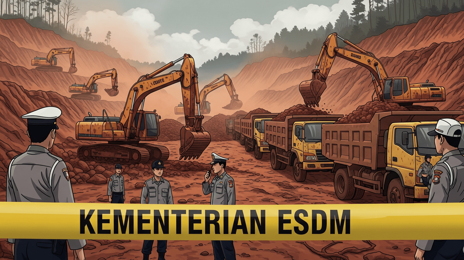 Ilustrasi - Penindakan pertambangan bauksit ilegal di Cibinong oleh Kementerian ESDM, dengan alat berat yang beroperasi dan pita batas polisi yang membentang di sekitar lokasi.