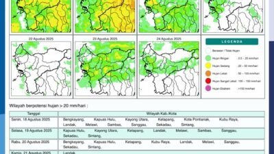 Peta prakiraan cuaca yang dirilis BMKG menunjukkan potensi hujan dengan intensitas ringan hingga sedang di sebagian besar wilayah Kalimantan Barat untuk periode 18-24 Agustus 2025.