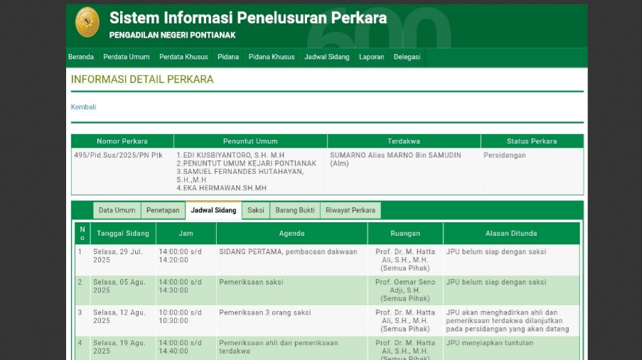 Tangkapan layar aplikasi SIPP PN Pontianak menampilkan jadwal persidangan kasus. (Dok. PN Pontianak)
