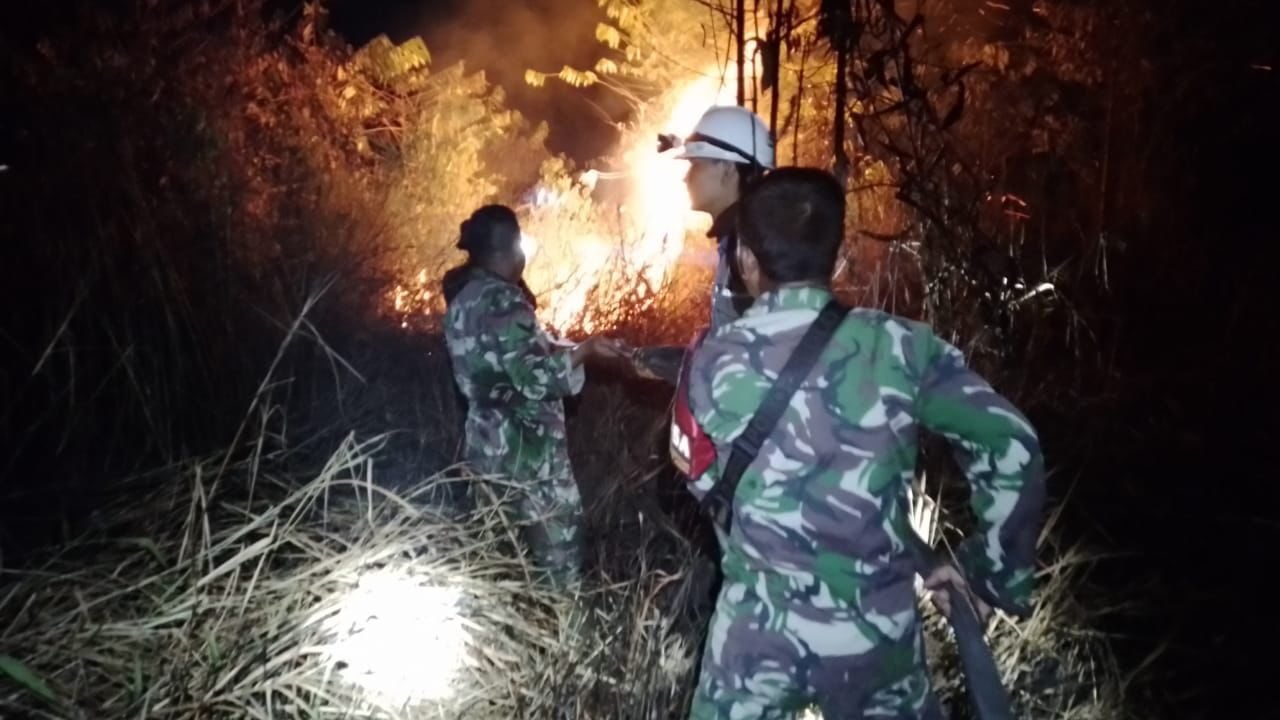 Tim gabungan melakuan pemadaman api yang membakar lahan di Kota Tarakan, Kalimantan Utara pada Rabu (30/7).