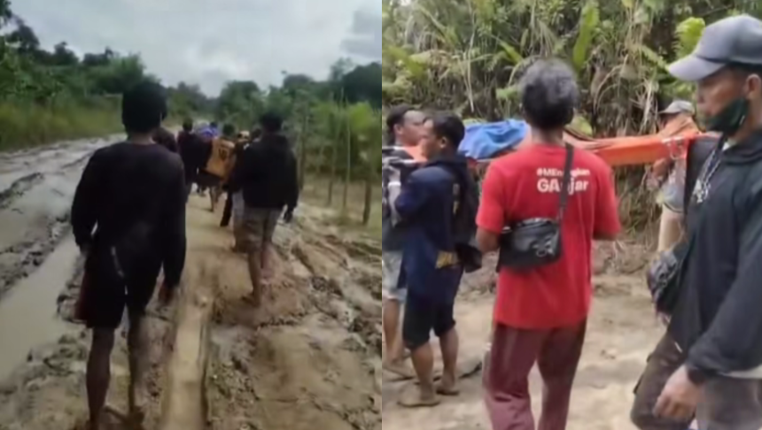 Kolase foto dokumentasi warga bersama aparat TNI saat mengevakuasi jenazah almarhum Kodam dengan cara ditandu, melintasi jalan berlumpur di Kecamatan Ketungau Tengah, Sintang.