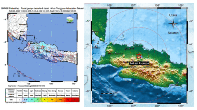 Peta lokasi gempa magnitudo 4,9 yang mengguncang Jakarta dan sekitarnya, Rabu (20/8/2025) pukul 19.54 WIB. (Dok: BNPB)