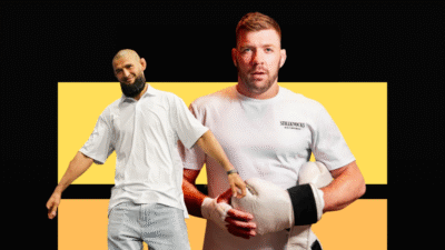 Juara UFC Dricus Du Plessis dan penantang Khamzat Chimaev saling berjabat tangan dalam pertemuan di Chicago menjelang pertarungan UFC 319. (Dok. Faktakalbar.id)