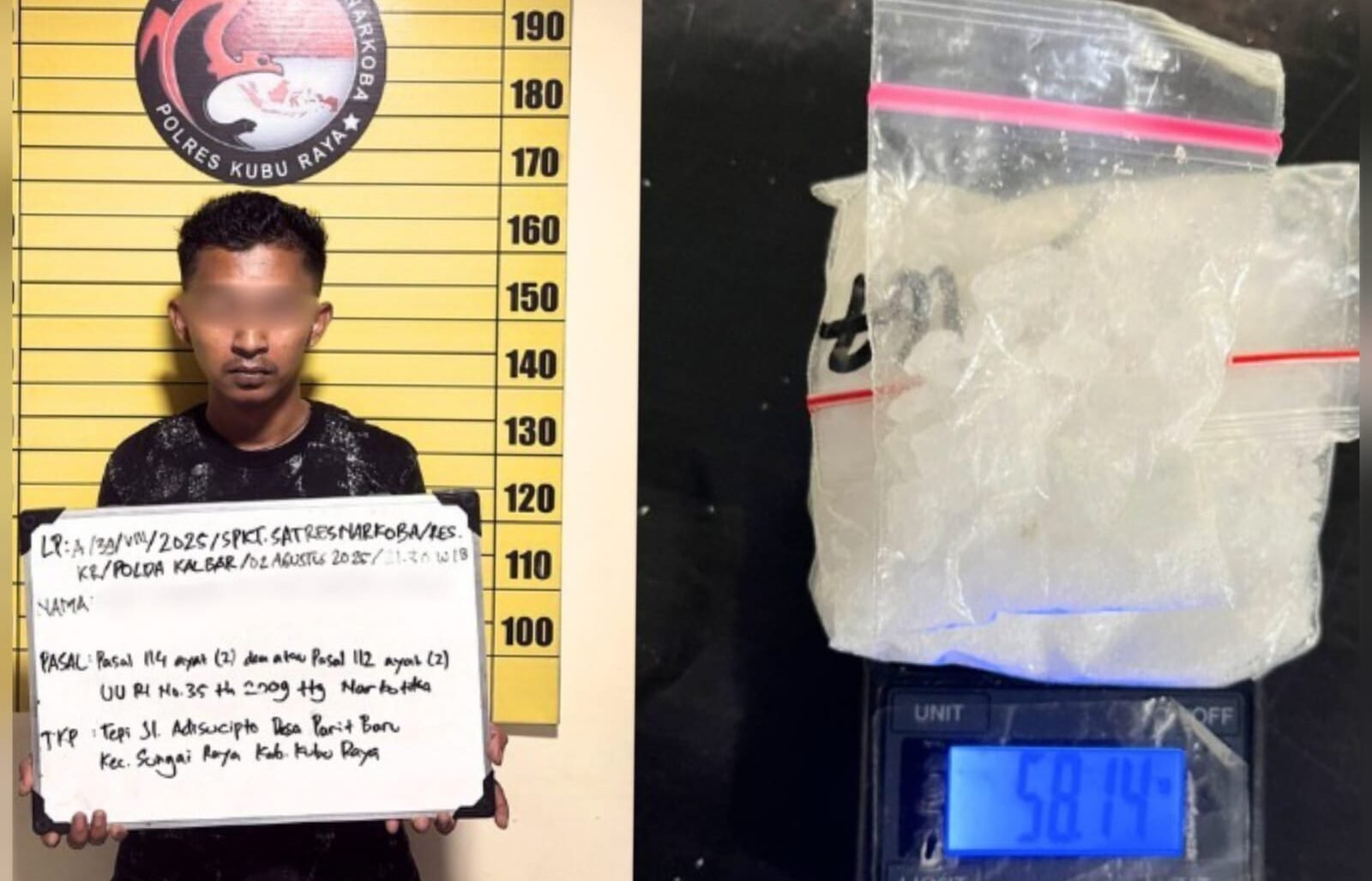 "Seorang kurir jaringan narkoba lintas provinsi diciduk di Kubu Raya. Pelaku sembunyikan 58 gram sabu di celana dalam khusus dan kini terancam hukuman mati. (Polres Kubu Raya)"