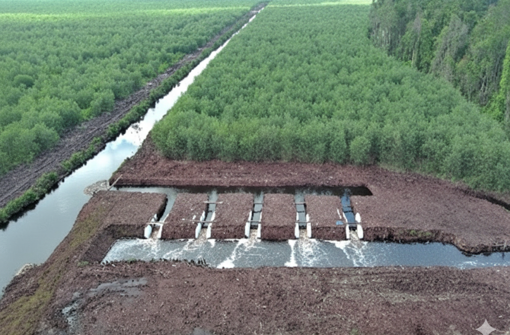 "Tampak dari udara, salah satu bendungan air (sekat kanal) dengan sistem limpasan (spillway) yang dibangun PT Mayawana Persada di dalam lanskap konsesinya. Infrastruktur ini berfungsi strategis untuk menjaga tinggi muka air di ekosistem gambut, yang merupakan kunci mitigasi karhutla dan perlindungan areal konservasi. (Dok. Ande to Faktakalbar.id)"