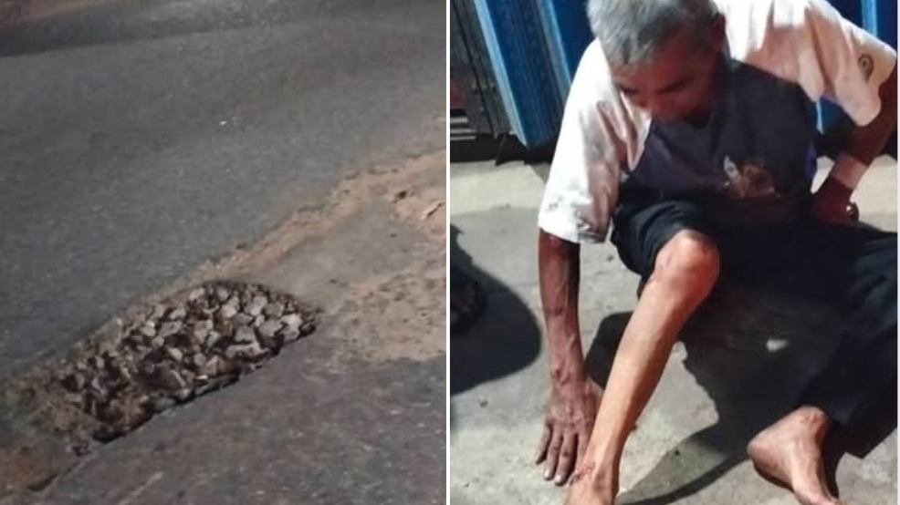 Kolase foto jalan berlubang di Jalan Rahadi Ismail Ketapang dan seorang pria lansia yang menjadi korban kecelakaan tunggal akibat jalan rusak tersebut. (Dok. Ist)