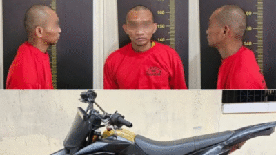 Tersangka pencurian motor (LX) beserta barang bukti sepeda motor Kawasaki D'Tracker yang diamankan oleh Unit Reskrim Polsek Sungai Ambawang. (Dok. HO/Faktakalbar.id)