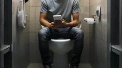 Ilustrasi bahaya penggunaan ponsel di toilet. Sebuah studi baru menunjukkan kebiasaan ini dapat meningkatkan risiko ambeien hingga 50%.