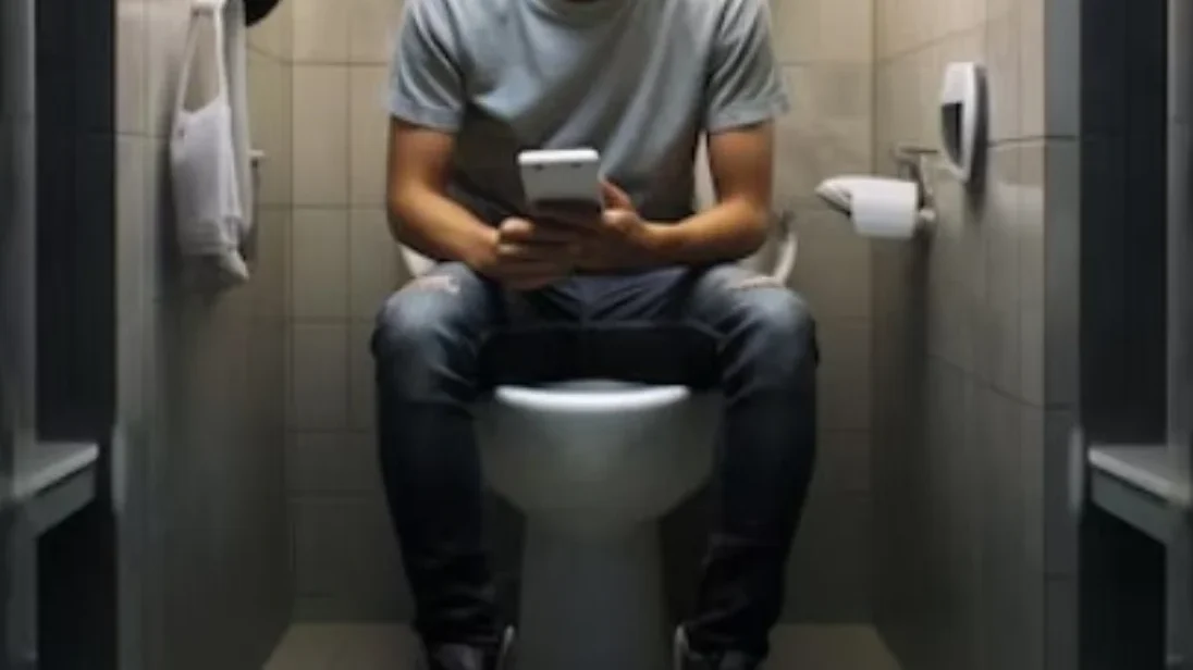 Ilustrasi bahaya penggunaan ponsel di toilet. Sebuah studi baru menunjukkan kebiasaan ini dapat meningkatkan risiko ambeien hingga 50%.