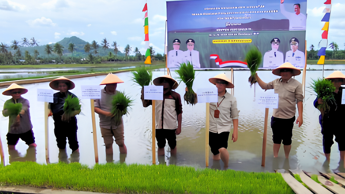 Para pejabat dan perwakilan Balai Wilayah Sungai (BWS) Kalimantan I berpartisipasi aktif dalam Gerakan Menanam Padi Serentak di Kabupaten Mempawah sebagai wujud dukungan terhadap Swasembada Pangan Nasional. (Dok. Tiktok/@pu_sda_kalimantan1)