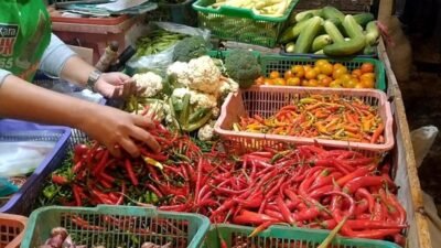 Ilustrasi seorang pedagang sayuran melayani pembeli di pasar tradisional. Harga sembako di Kabupaten Sambas terpantau stabil dengan beberapa komoditas penting mengalami penurunan harga.