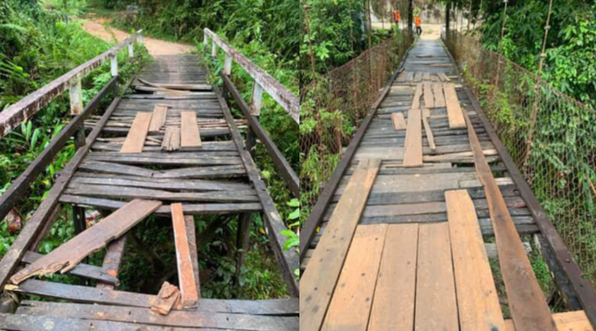 Kondisi jembatan gantung di Desa Balai Sepuak, Kabupaten Sekadau, yang memprihatinkan dan membahayakan warga yang melintas.