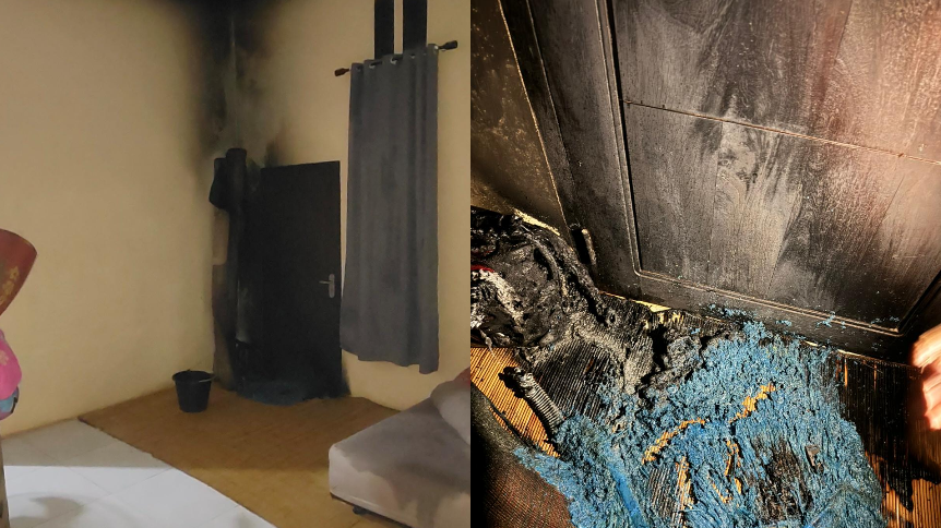 Kondisi lantai dan perabotan rumah Goda Tohan di Air Upas yang terbakar, diduga akibat disiram bensin oleh orang tak dikenal. Foto: HO/Faktakalbar.id