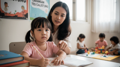 Orangtua mendampingi anak dalam kegiatan bimbingan belajar calistung, meski pemerintah telah mengeluarkan larangan tes calistung sebagai syarat masuk SD demi perkembangan anak yang lebih optimal.