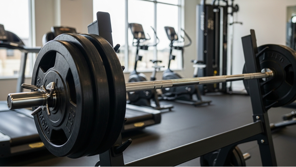 Barbel dengan beban di rak dalam sebuah gym yang terang.