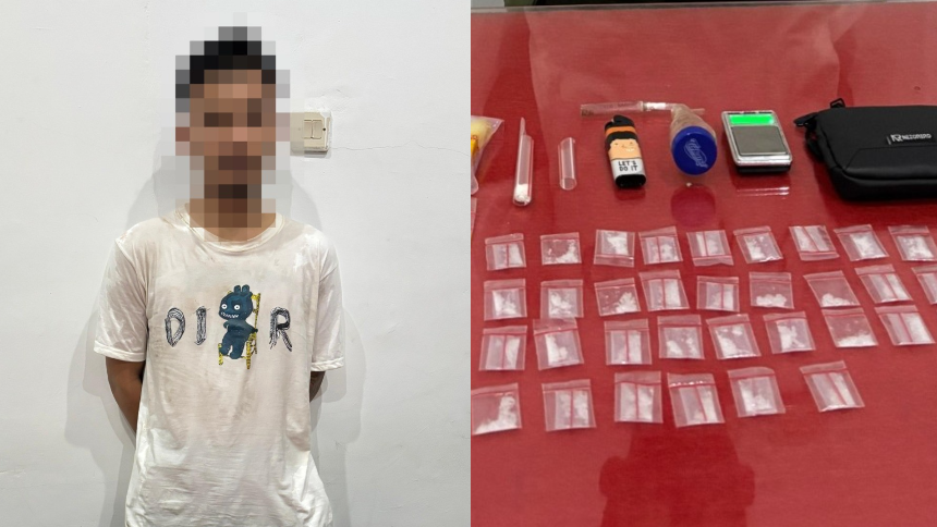 Terduga pelaku peredaran narkotika (kiri) diamankan bersama barang bukti sabu dan alat hisapnya (kanan) oleh Polres Ketapang.