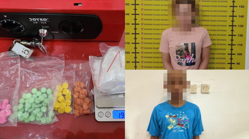 Petugas kepolisian menunjukkan barang bukti berupa sabu dan pil ekstasi yang disita dari sepasang pengedar narkoba di Ketapang.