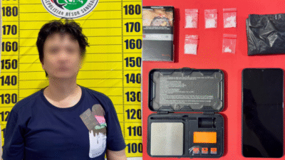 Tersangka J (kiri) bersama barang bukti lima paket sabu dan peralatan lainnya (kanan) yang berhasil diamankan Satuan Reserse Narkoba Polres Sanggau di Kecamatan Kapuas.