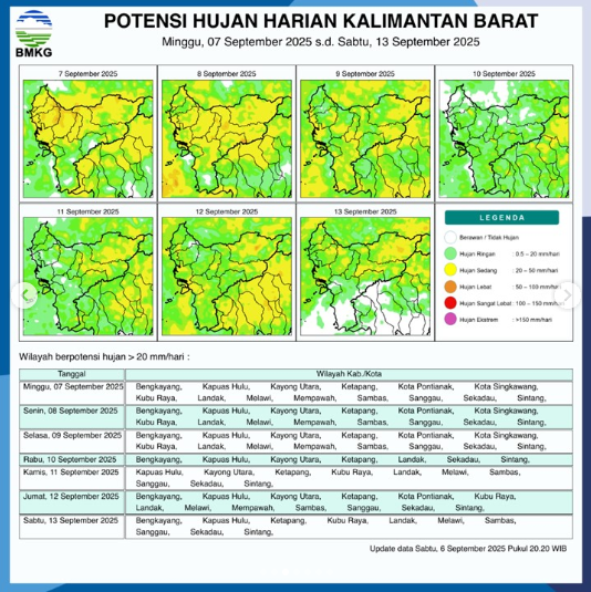 Peta prakiraan potensi hujan harian di Kalimantan Barat dari BMKG, yang menunjukkan potensi hujan lebat di sebagian wilayah pada 7 September 2025.