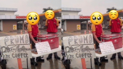 Dua petugas SPBU Shell di Bintaro, menjual kopi literan dan minuman siap saji untuk menambah penghasilan di tengah isu PHK. (Dok. Ist)