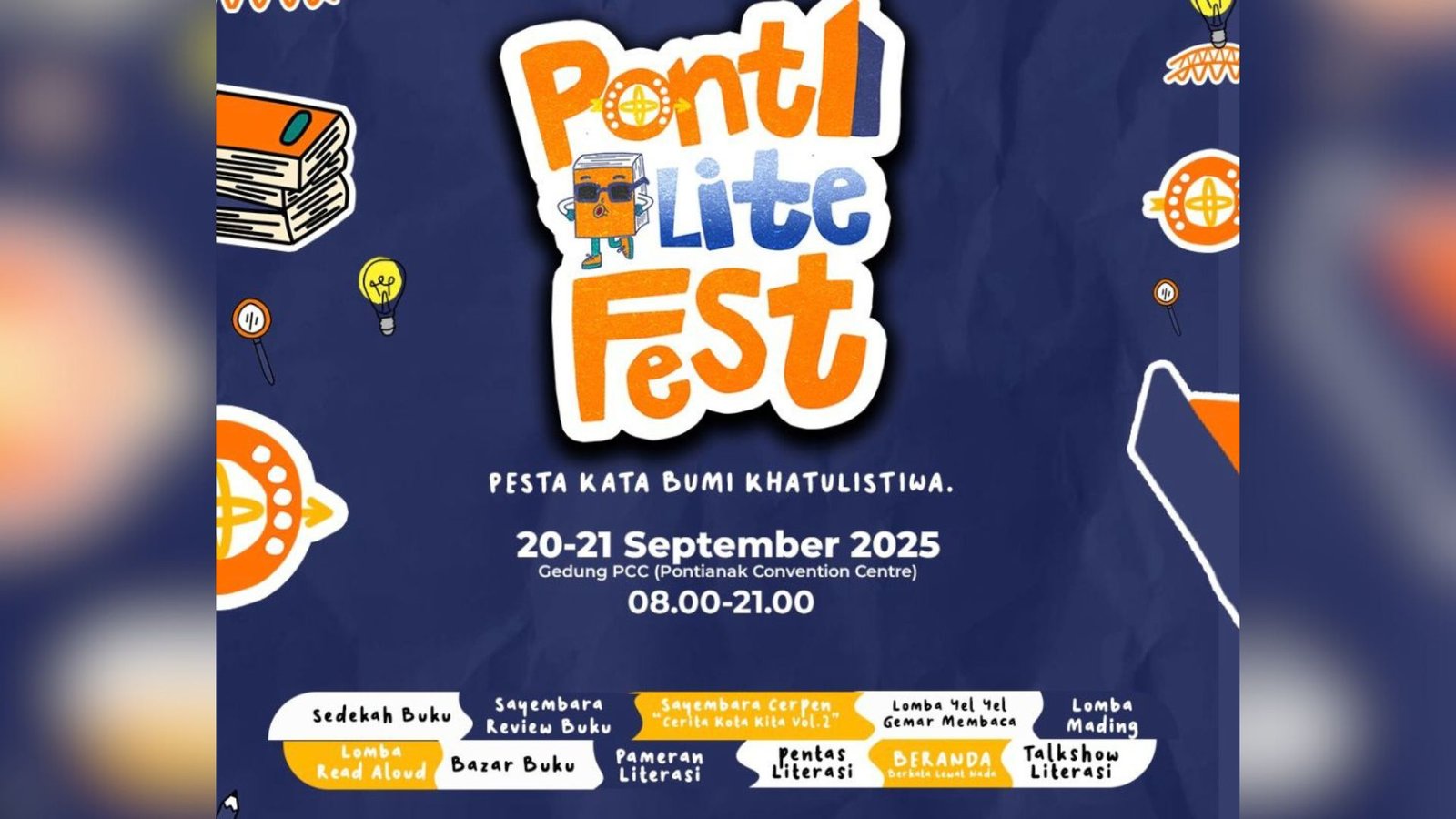 Flyer PontiLite Fest 2025 dalam rangka menyemarakkan Bulan Gemar Membaca dan Hari Kunjung Perpustakaan 2025.