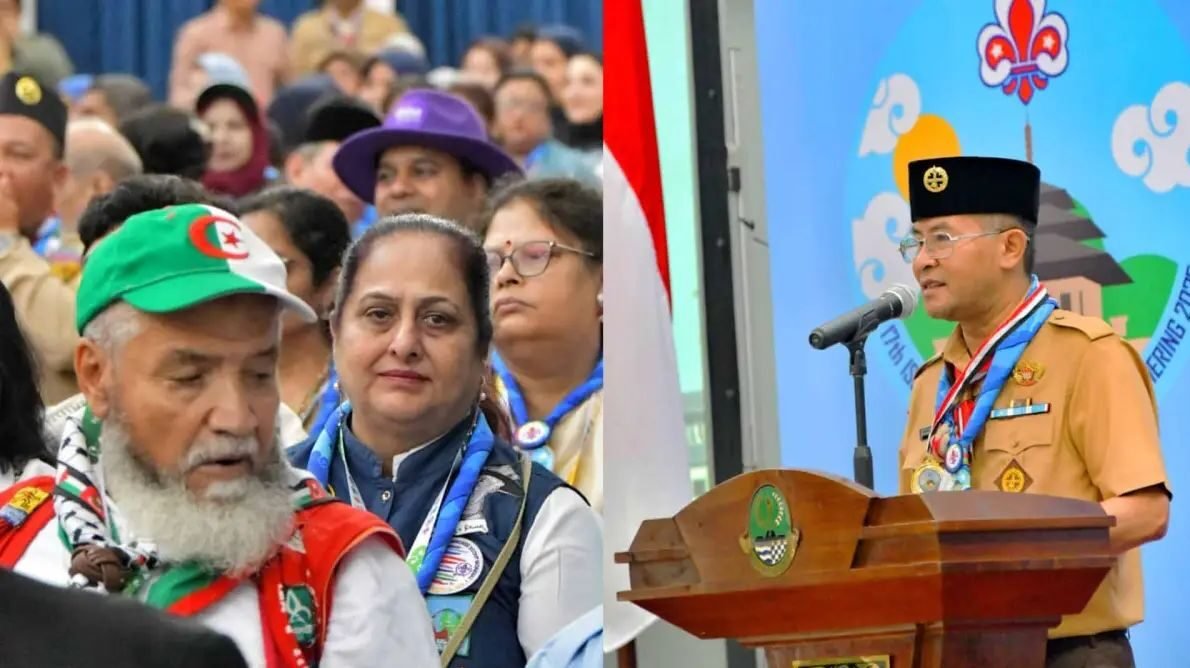 Wakil Gubernur Jawa Barat, Erwan Setiawan, memberikan sambutan dalam acara pembukaan Pertemuan ke-17 Persaudaraan Pandu Internasional (ISGF) kawasan Asia-Pasifik di Gedung Sate, Bandung.