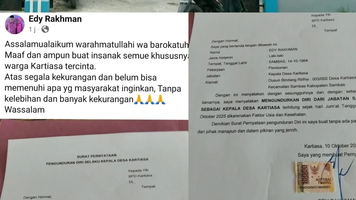 "Kepala Desa Kartiasa, Edy Rakhman, resmi mengundurkan diri pada Jumat (10/10/2025) dengan alasan usia dan kesehatan. Pengumumannya di Facebook menuai sorotan publik."