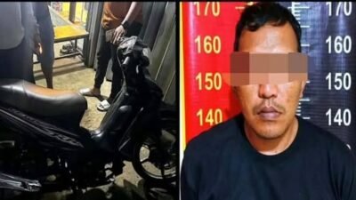 Tersangka M saat diamankan Tim Berang-Berang Polsek Pontianak Timur (kanan) dan barang bukti sepeda motor hasil penggelapan yang telah diubah warnanya (kiri).