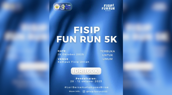 Poster resmi kegiatan FISIP Fun Run 5K yang akan diselenggarakan pada (26/10/2025) di Kampus FISIP Untan.