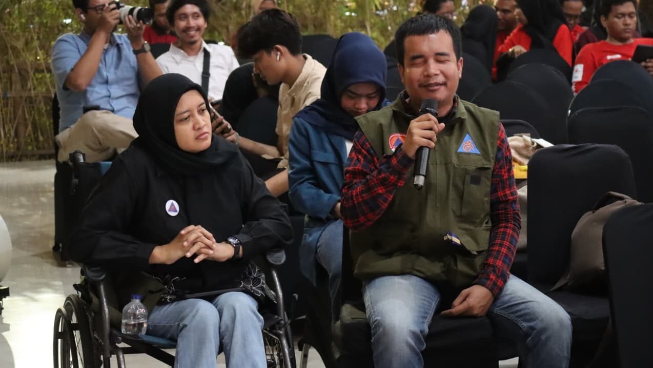 Rangkaian Diskusi Nothing Without Us : Ada Ruang Ruang Disabilitas dalam Penanggulangan Bencana yang merupakan rangkaian kegiatan Peringatan Bulan Pengurangan Risiko Bencana yang diselenggarakan di Rumah Pendopo Rakyat Mojokerto, Jawa Timur pada Selasa (1/10).