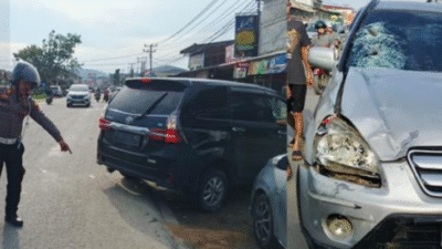 Kondisi mobil Honda CR-V yang terlibat dalam kecelakaan maut di Jalan Raya Sungai Pinyuh, Kabupaten Mempawah. (Dok. Ist)