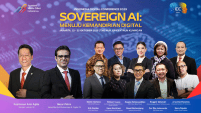 Suasana atau logo acara Indonesia Digital Conference (IDC) 2025 yang diselenggarakan oleh AMSI di Jakarta, mengangkat tema 'Sovereign AI'. (Dok. HO/Faktakalbar.id)