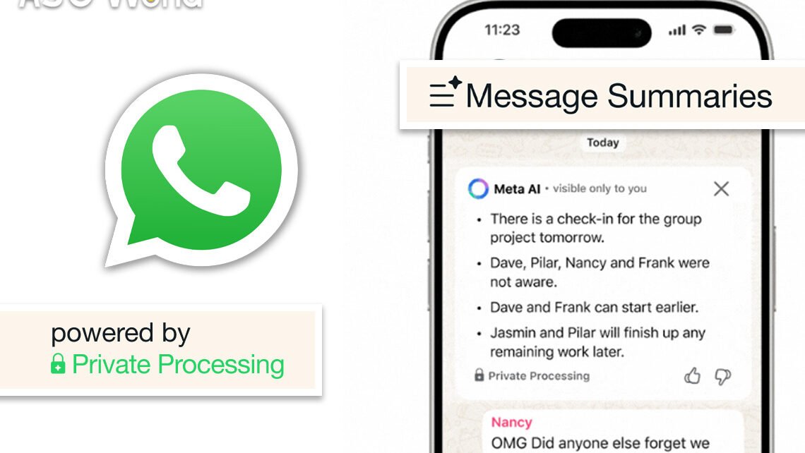 Tampilan fitur "Message Summaries" atau Ringkasan Pesan yang didukung Meta AI untuk membantu pengguna WhatsApp merangkum percakapan dengan cepat.