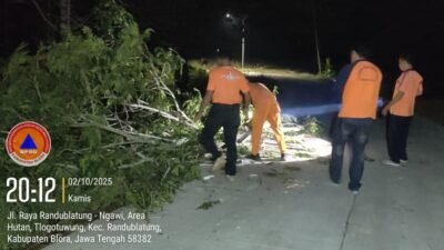Petugas melakukan pemotongan dahan yang patah dan menimpa rumah warga imbas cuaca ekstrem yang melanda wilayah Kabupaten Belu, Provinsi Nusa Tenggara Timur, pada Jumat (3/10/2025). Sumber Foto: BPBD Kabupaten Belu