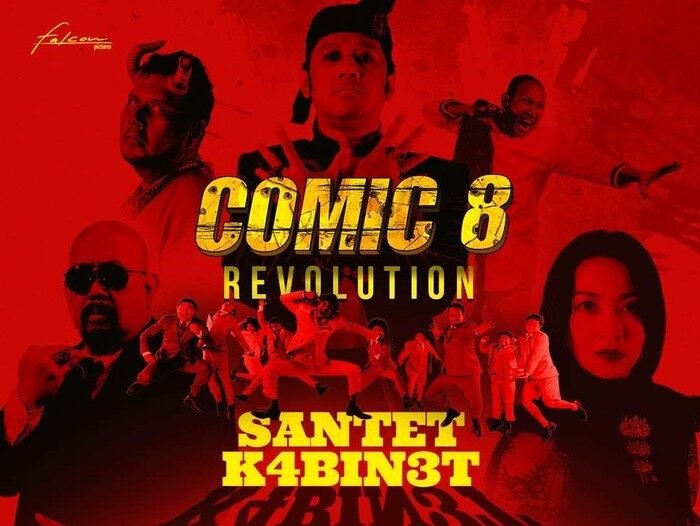 Poster resmi film ‘Comic 8 Revolution: Santet Kabinet’ yang menampilkan jajaran pemain baru dan senior. (Foto: Falcon Pictures)